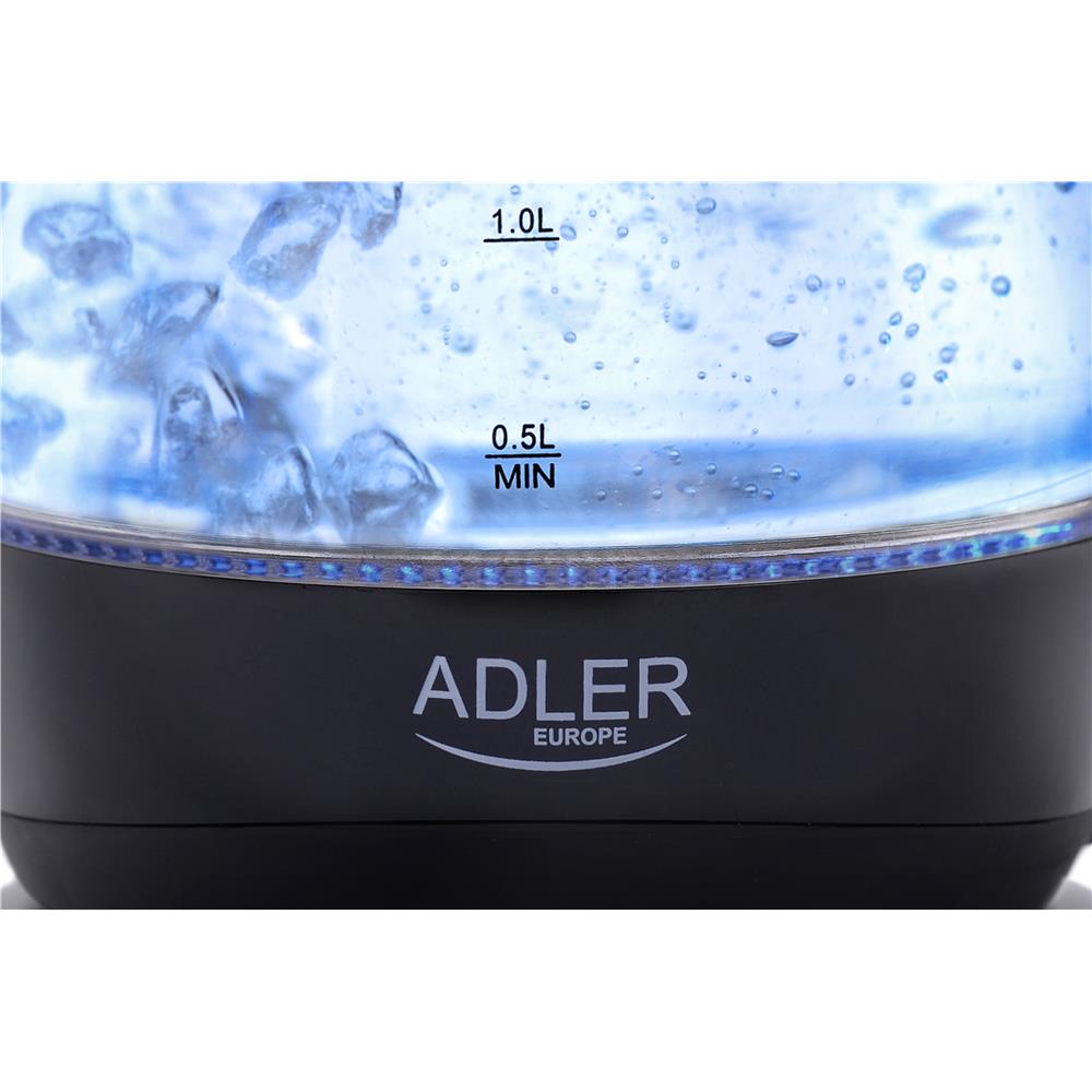 Adler AD 1224 Wasserkocher in Schwarz, 1,5 Liter, 2200 Watt, aus Glas mit LED Beleuchtung