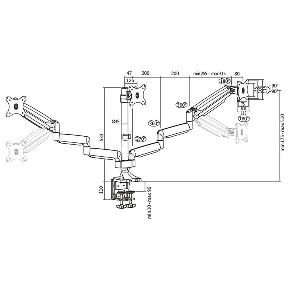 LogiLink BP0052 3-fach Monitorhalterung, 13–32", Aluminium, mit 2x Gasdruckfeder