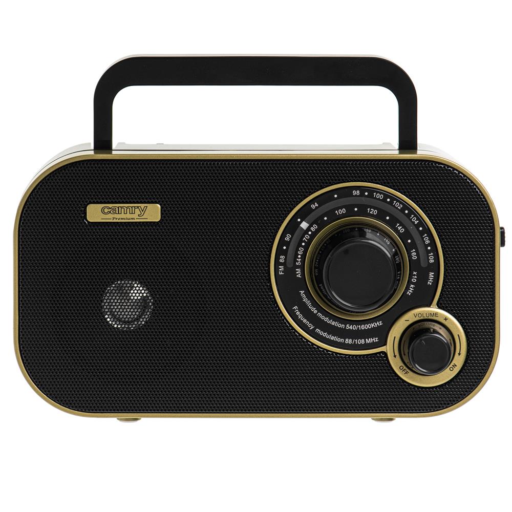 Camry CR 1910g tragbares Radio, FM/AM Kofferradio mit 2 W Lautsprecher, Netz- und Batteriebetrieb, 3,5 mm Kopfhöreranschluss, Teleskopantenne, schwarz/gold