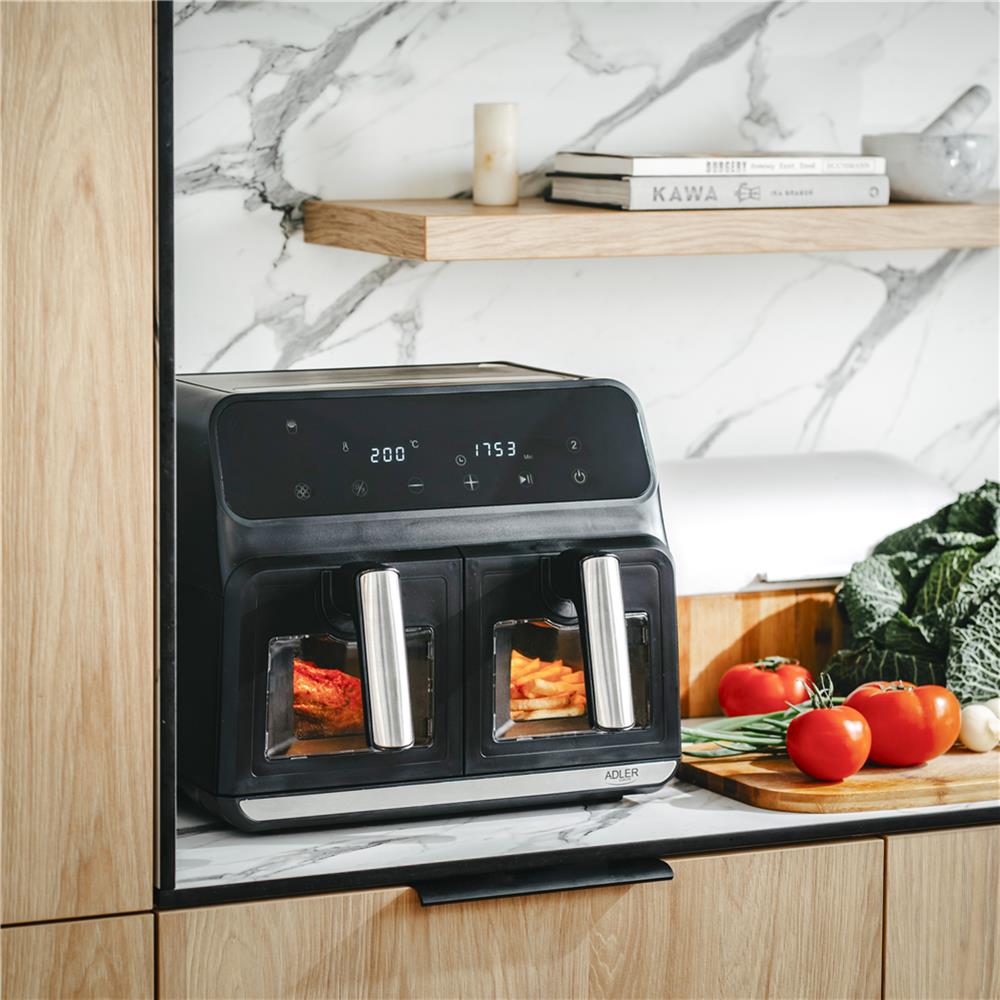 Adler AD 6315 Doppel Heißluftfritteuse mit Sichtfenster 8L Airfryer 2 Fächer schwarz