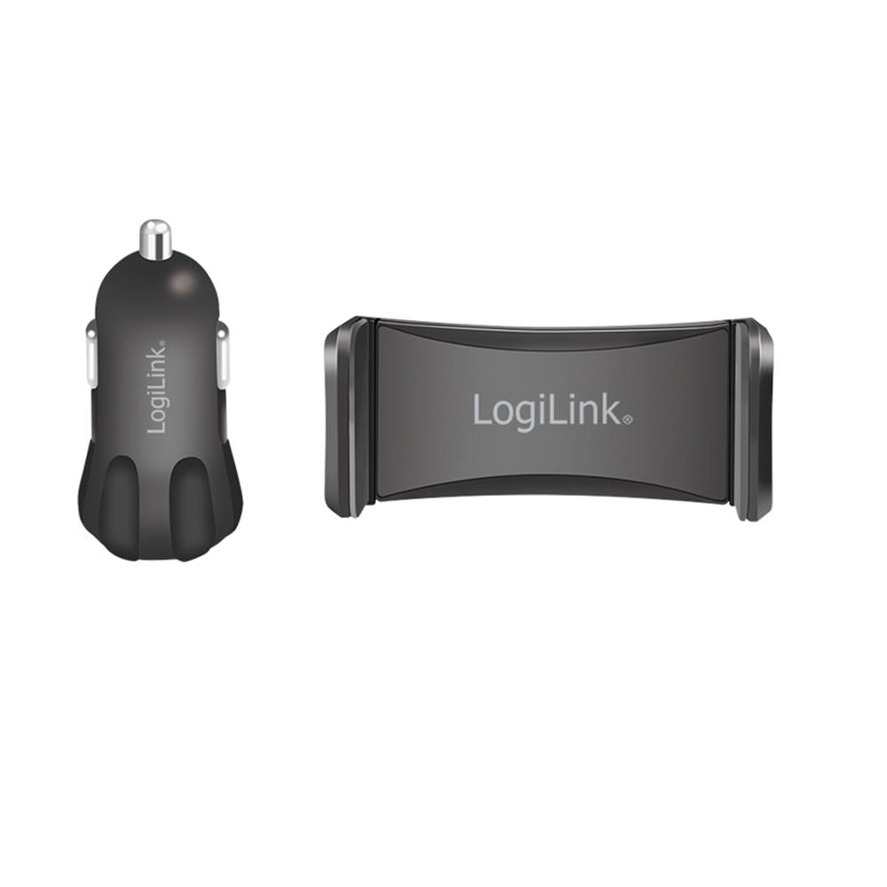 LogiLink USB Doppel Kfz Ladegerät + Smartphone Halterung im Set