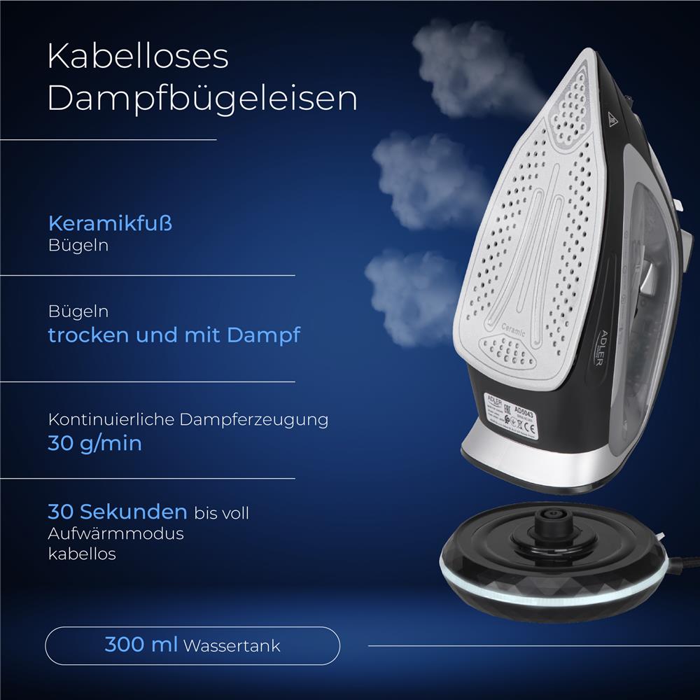 Adler AD 5043 Kabelloses Dampfbügeleisen mit Basisstation Keramiksohle schwarz silber