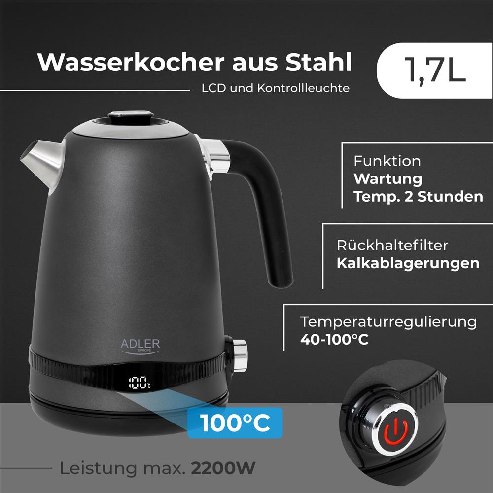 Adler AD 1295 Wasserkocher 1,7L mit LCD Display Temperaturregelung grau