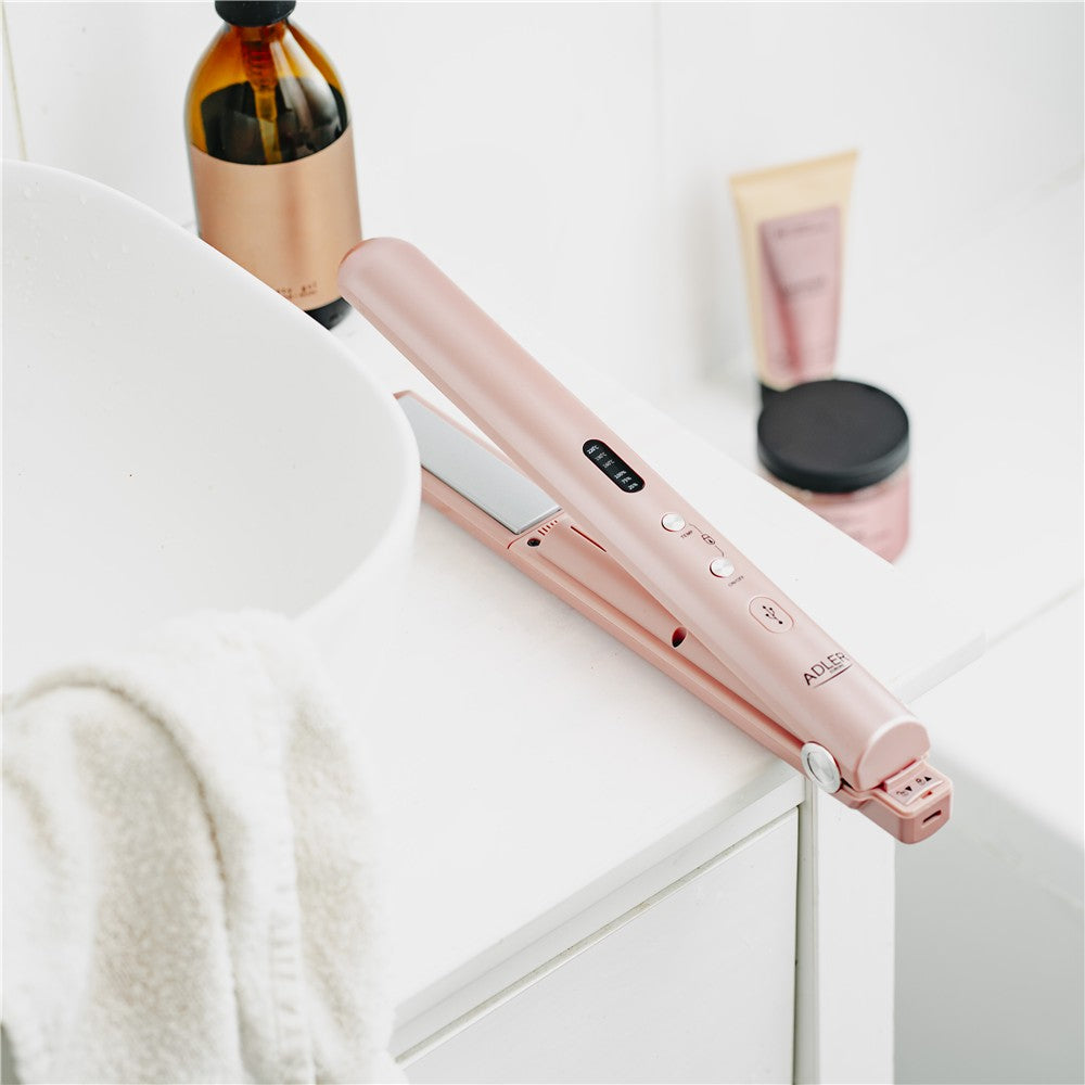 Adler AD 2327p Akku Glätteisen kabellos, USB-C Reise-Haarglätter mit Keramikplatten, LED-Display, 3 Temperaturstufen, Aufbewahrungsbeutel, Rosa