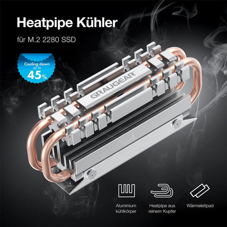 GRAUGEAR Heatpipe 4fach passiv Kühler für M.2 2280 SSD Kühlkörper PC Speicher Kühlung silber ohne Lüfter lautlos