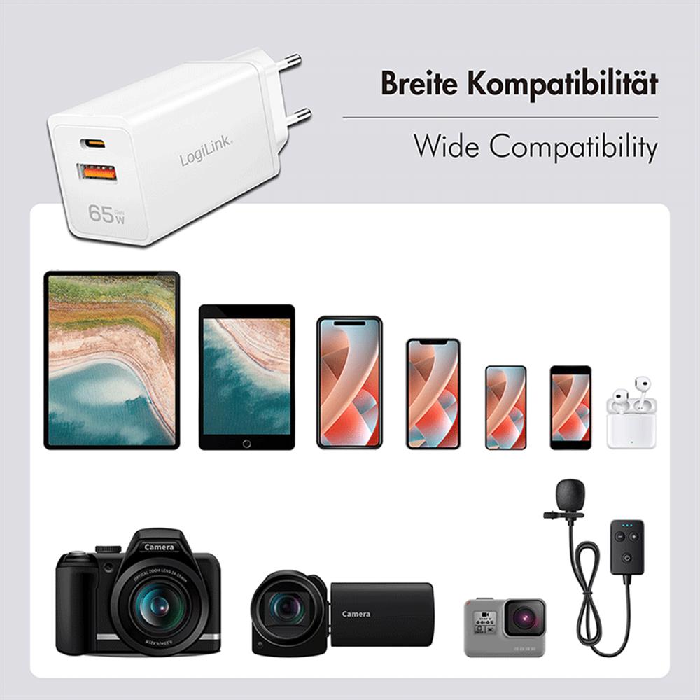 LogiLink Dual-USB Steckdosenadapter, 65 W, GaN, 1x USB-C PD, 1x USB-A QC, Weiß