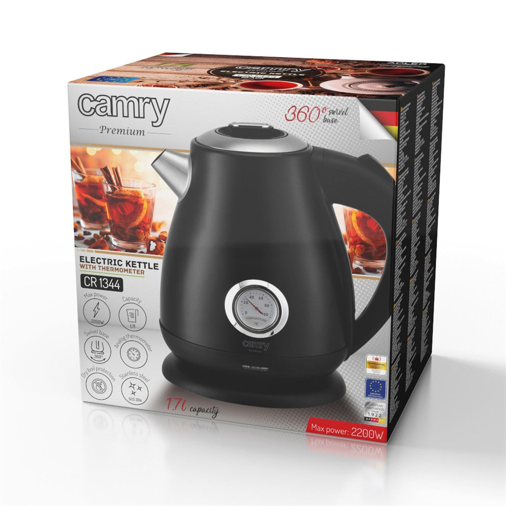 Camry CR 1344b Retro Wasserkocher mit Thermometer, 1,7 L Edelstahl Wasserkocher mit analoger Temperaturanzeige, 360° Basis, Kalkfilter, Teekocher für Tee, Kaffee, Schwarz