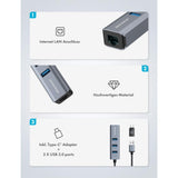 GRAUGEAR 3 Port USB HUB mit Gigabit LAN inkl. USB-C zu USB-A Adapter Erweiterung Aluminium Gehäuse