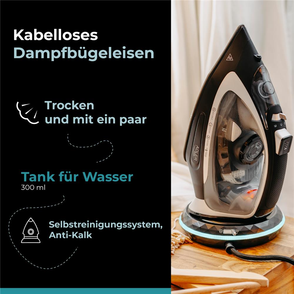 Adler AD 5043 Kabelloses Dampfbügeleisen mit Basisstation Keramiksohle schwarz silber