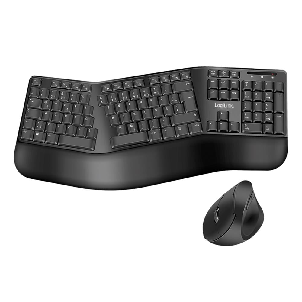 LogiLink Ergonomisches Funk-Tastatur-Maus-Set mit geteilter Tastatur, schwarz