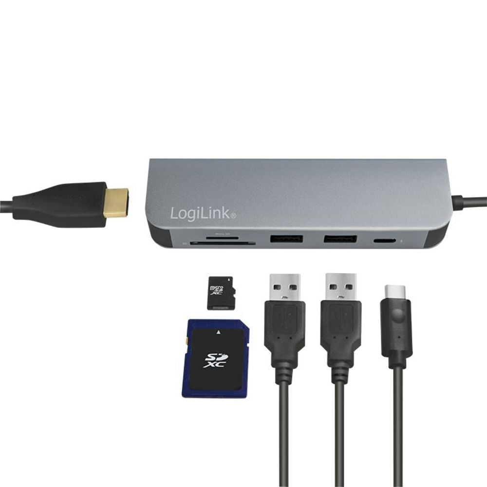 LogiLink USB-C HUB, HDMI, PD, Kartenleser, USB 3.2 GEN 1x1, Alu