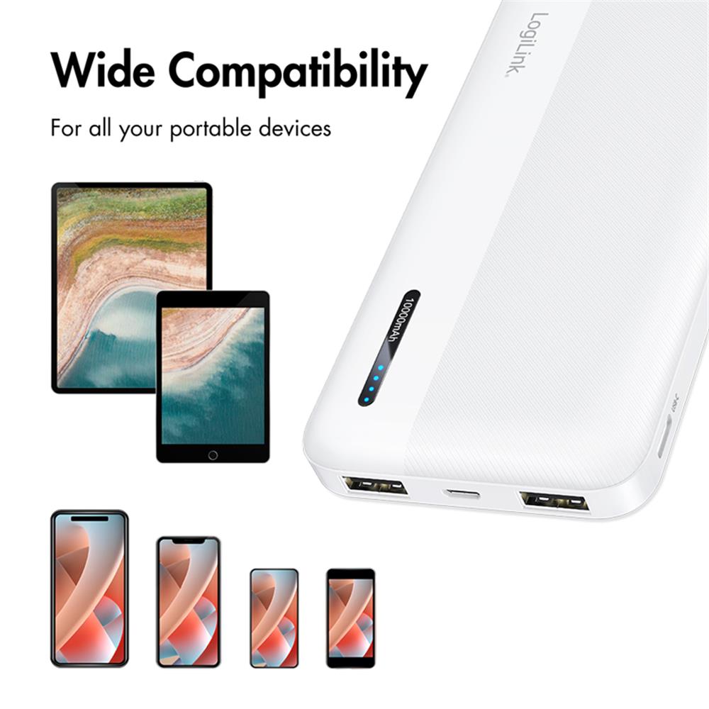 LogiLink Powerbank 10.000 mAh, 2× USB-A, 1× USB-C, Schnellladen, Weiß