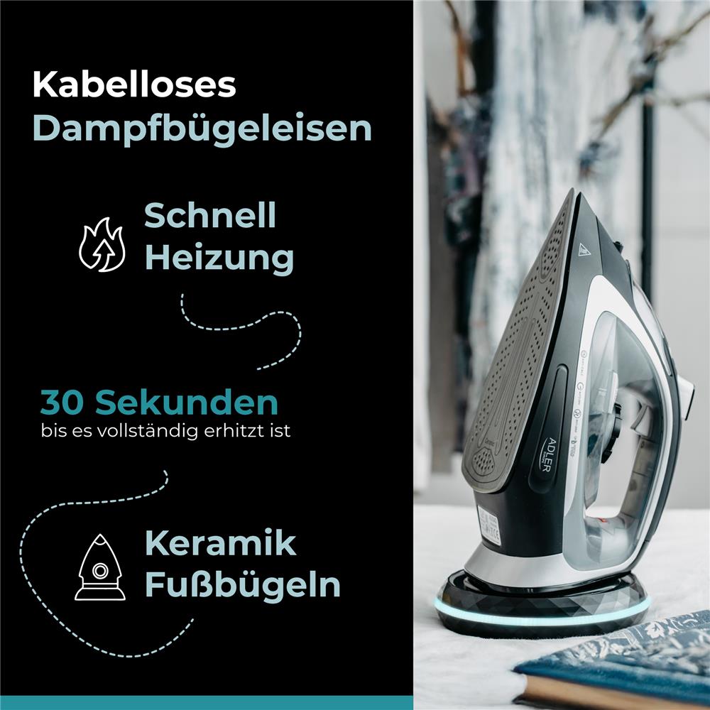 Adler AD 5043 Kabelloses Dampfbügeleisen mit Basisstation Keramiksohle schwarz silber