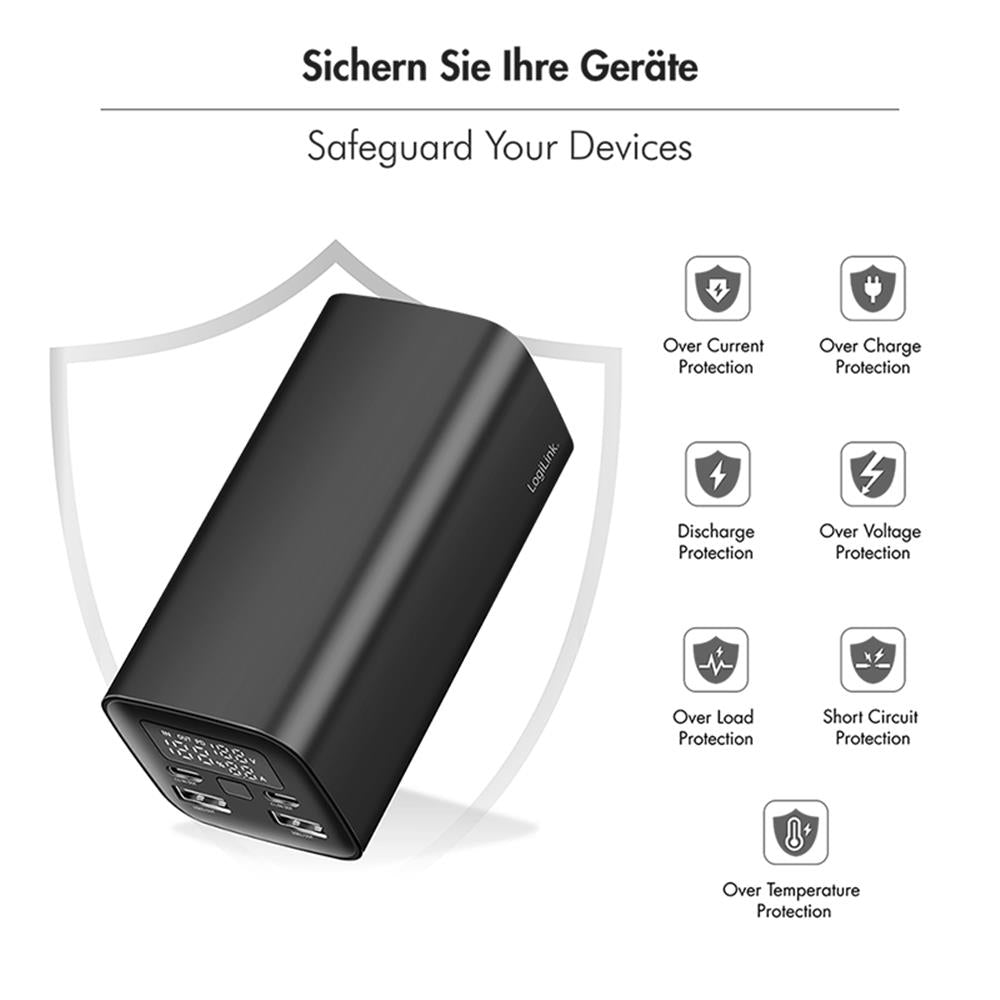LogiLink Powerbank 20.000 mAh, QC 3.0 & PD 3.0, 65 W Schnellladen, Schwarz