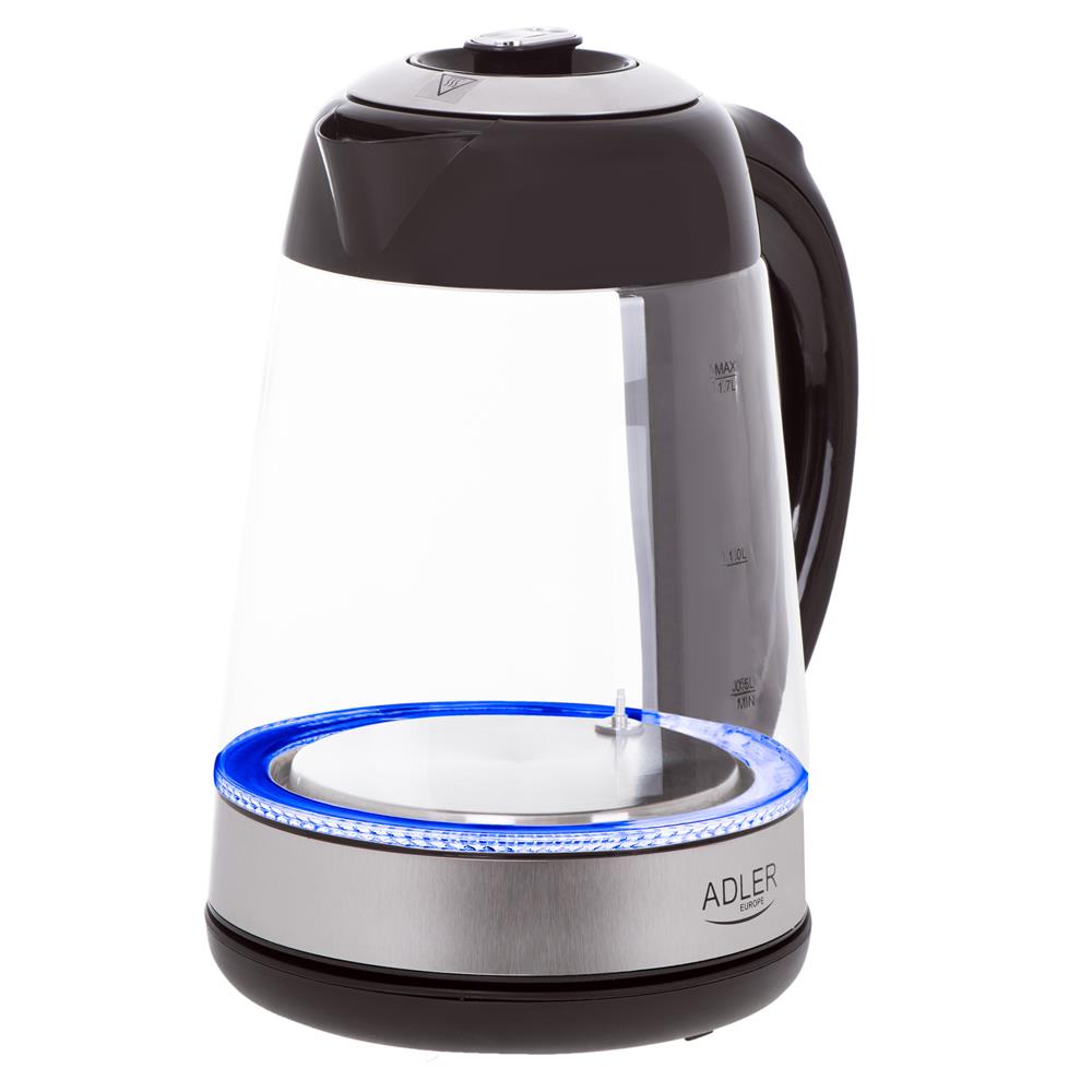 Adler AD 1285 Wasserkocher aus Glas, 1,7 Liter, 2200 Watt, mit LCD-Anzeige und Temperaturregelung