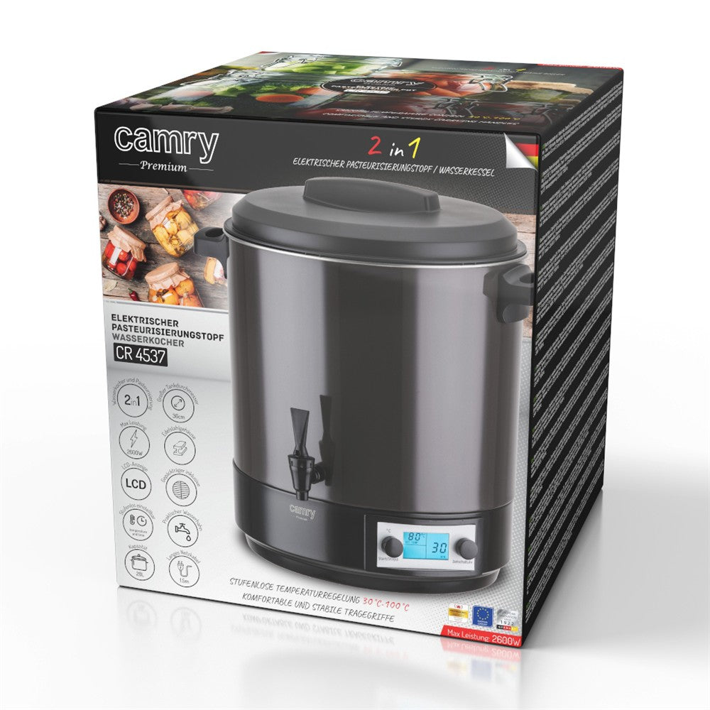 Camry CR 4537 Einkochautomat 28L mit LCD-Display, Edelstahl Einkochtopf mit Zapfhahn, Warmhaltefunktion, Timer 180 Min., 30-100 °C, Glühweinkocher, Getränkespender, 2600W