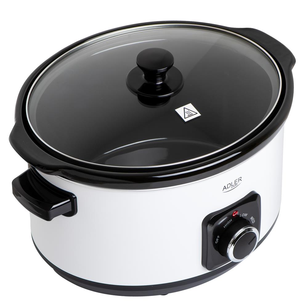 Adler AD 6413w Schongarer 5,8L Slow Cooker 3 Heizstufen Edelstahl spülmaschinenfest weiß