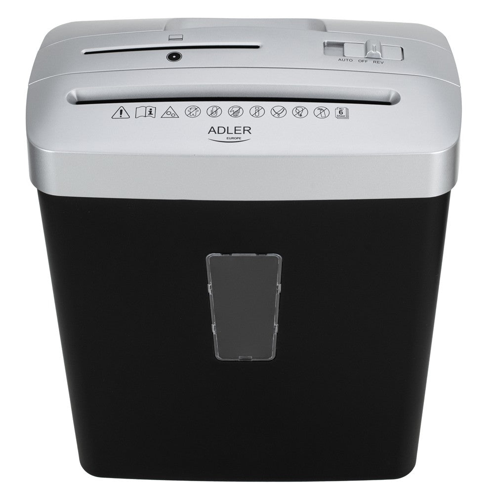 Adler AD 1037 Aktenvernichter P-4, Dokumentenschredder für Büro und Homeoffice, 6 Blatt A4, 13 L Behälter, Kreditkarten, CD/DVD, Rücklauf, Schwarz Silber