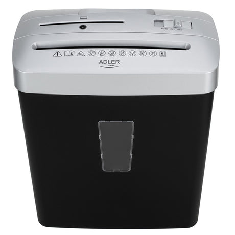 Adler AD 1037 Aktenvernichter P-4, Dokumentenschredder für Büro und Homeoffice, 6 Blatt A4, 13 L Behälter, Kreditkarten, CD/DVD, Rücklauf, Schwarz Silber