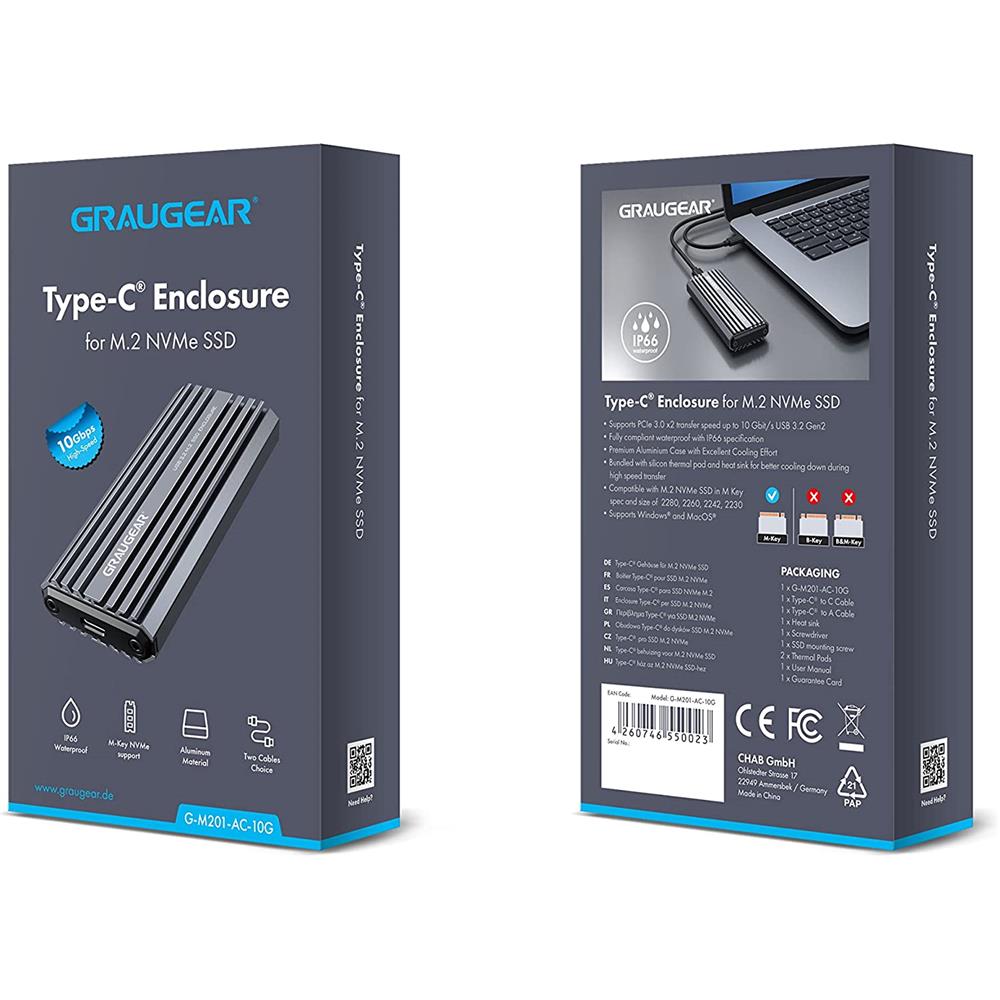 GRAUGEAR USB Type-C Gehäuse für M.2 NVMe SSD, Wassergeschütztes Aluminiumgehäuse