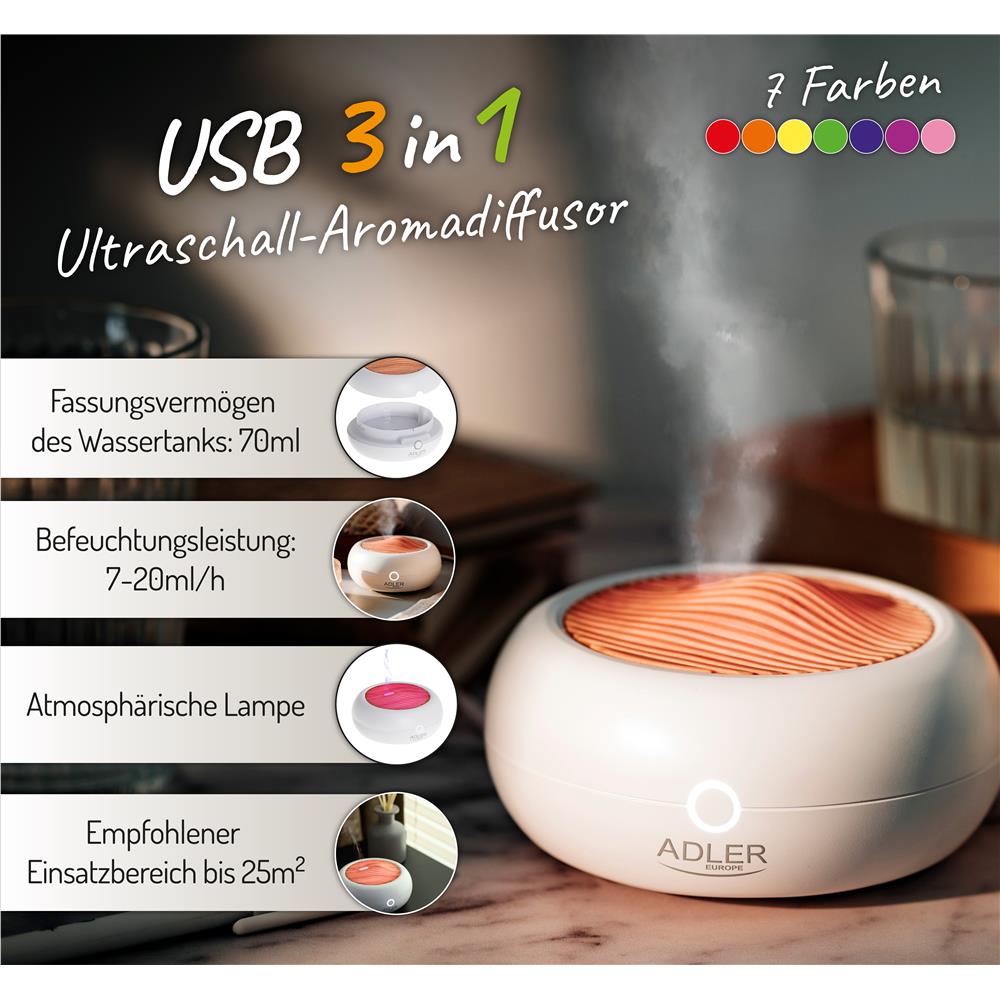 Adler AD 7969 USB 3in1 kleiner Ultraschall Aromadiffusor für Ätherische Öle Raumerfrischer weiß