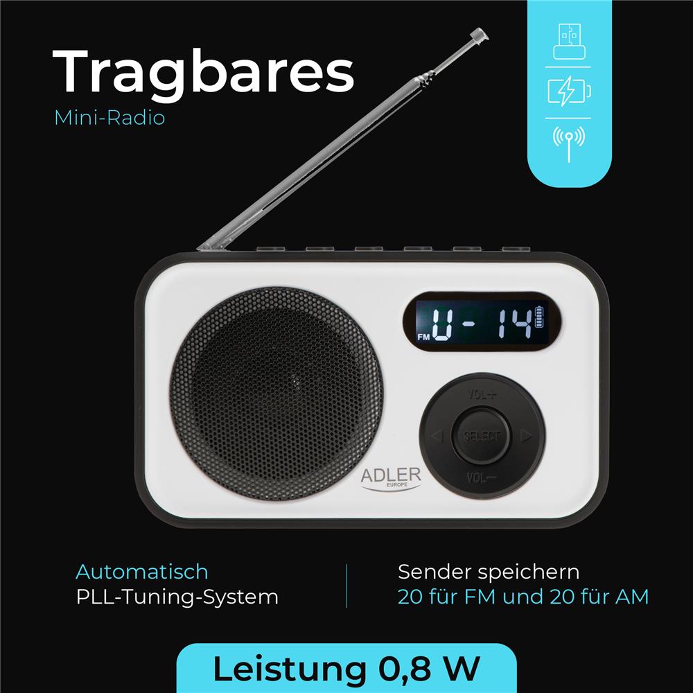 Adler AD 1906 PLL AM/FM Digitalradio modernes Radio USB C Batterie weiß schwarz