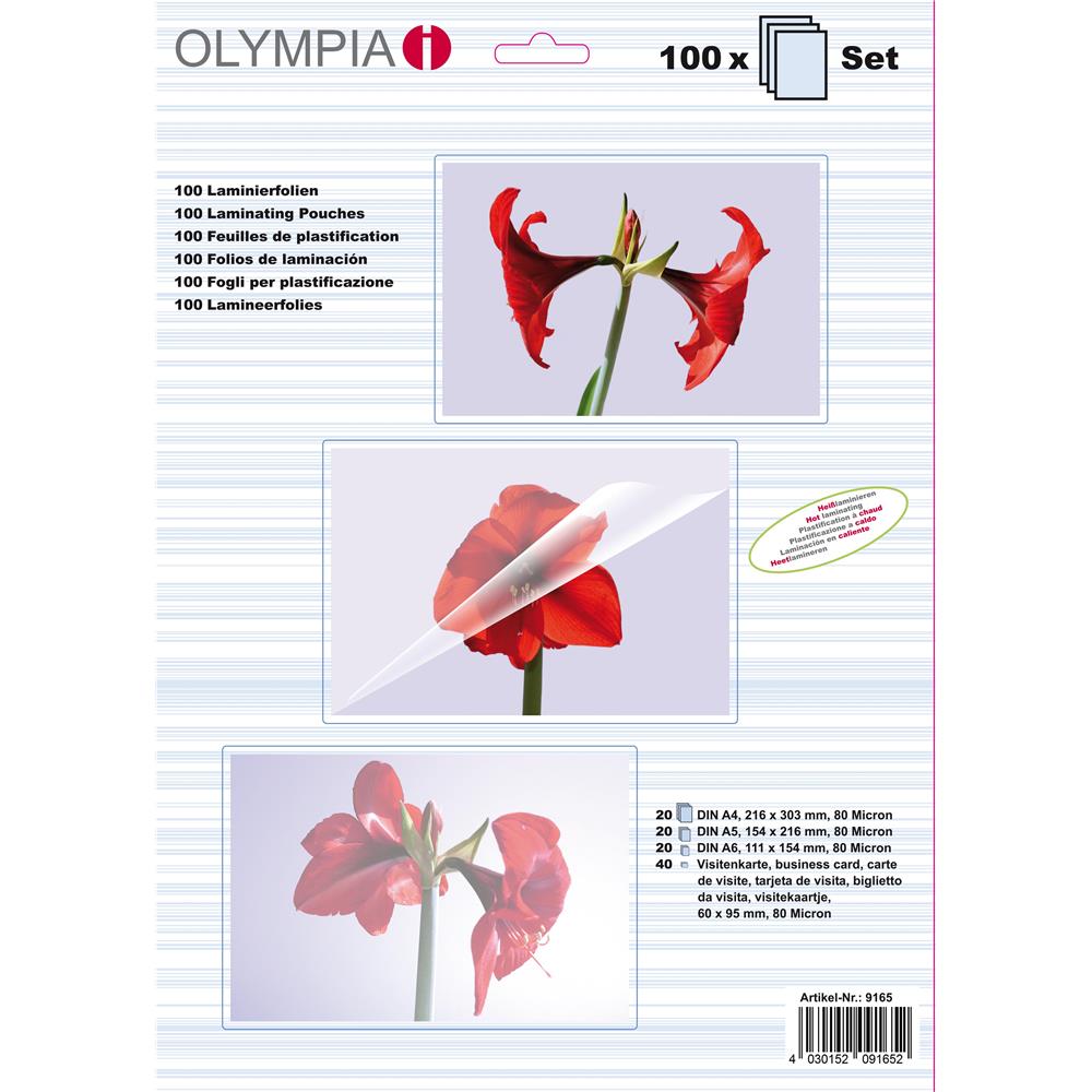 Olympia Laminierfolien Set - 20x DIN A4, 20x DIN A5, 20x DIN A6, 40x für Visitenkarten