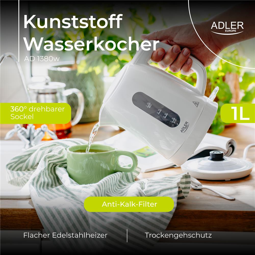 Adler AD 1380w Wasserkocher Kunststoff 1,0 l weiß – kompakt & sicher