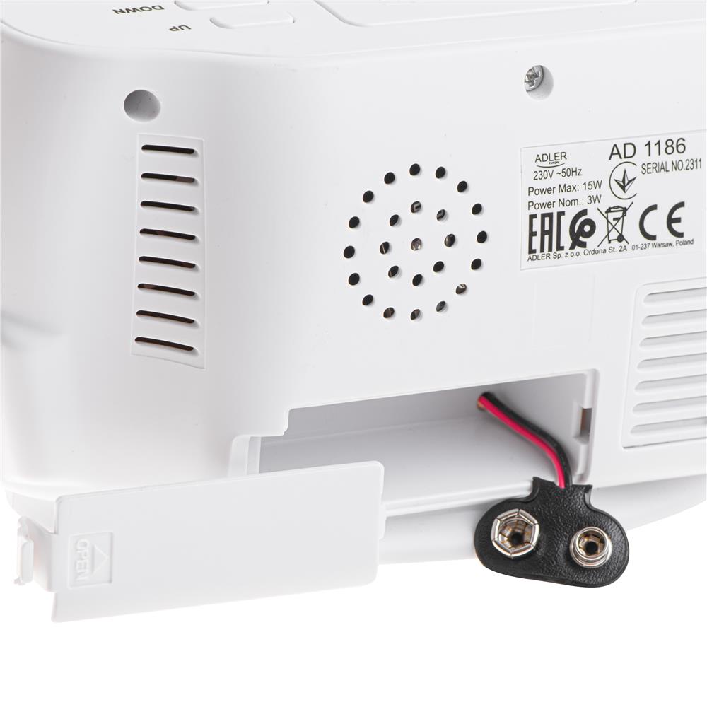 Adler AD 1186 LED Wecker mit Thermometer Datum Luftfeuchtigkeit Batterie weiß