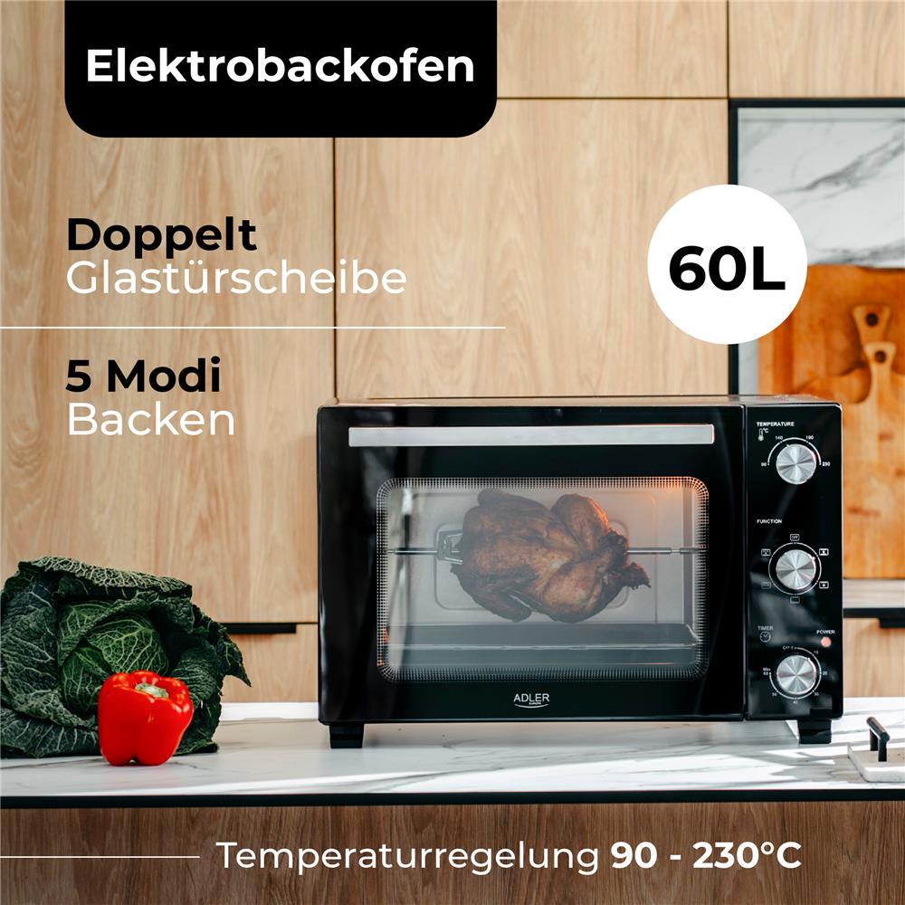 Adler AD 6028 Elektrobackofen 60L Mini Backofen Umluft Timer Drehspieß schwarz