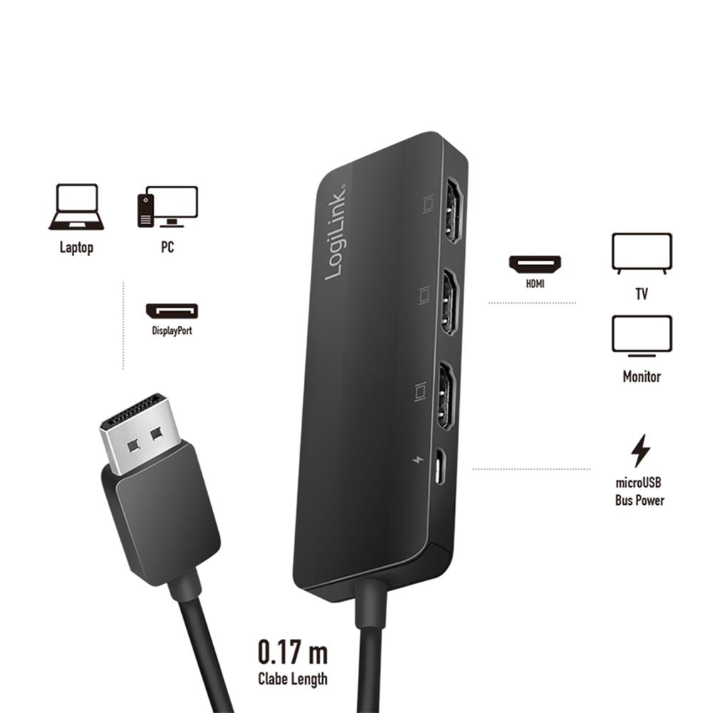 LogiLink DisplayPort-Splitter 1x3-Port 1x DP zu 3x HDMI 4K/60 Hz HDCP MST