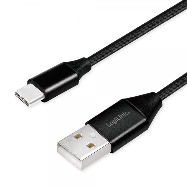 LogiLink CU0139 USB 2.0 Type-C Kabel, C/M zu USB-A/M, Stoff, schwarz, 0,3 m