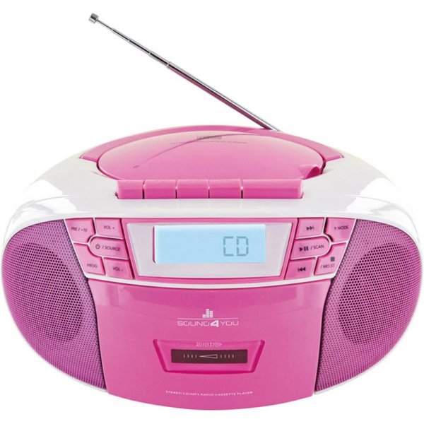 Schwaiger Tragbarer CD Player Pink Rosa FM CD Kassette Boombox Radio MP3 USB Anschluss Stereo Batteriebetrieben Netzbetrieben