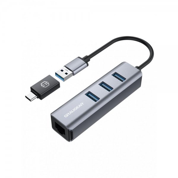GRAUGEAR USB HUB 3x USB-A 3.0 Ports Gigabit LAN inkl. USB-C zu USB-A Adapter Erweiterung Aluminium Gehäuse