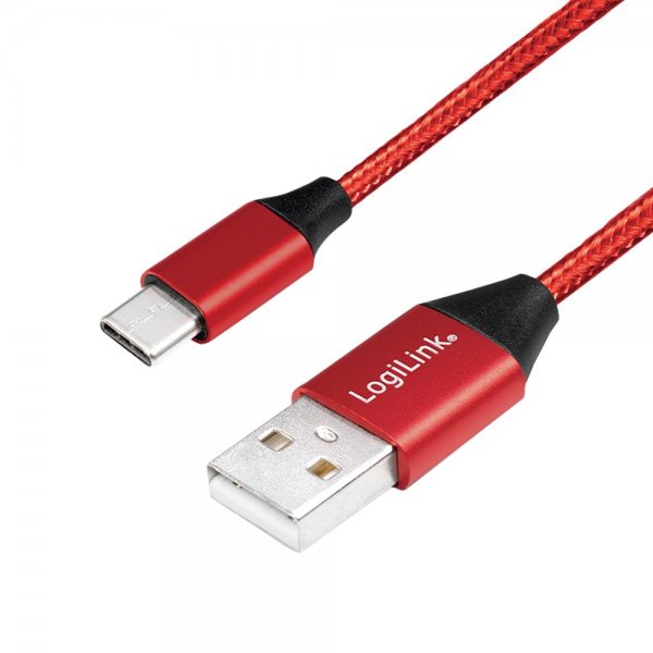 LogiLink CU0147 USB 2.0 Type-C Kabel, C/M zu USB-A/M, Stoff, rot, 0,3 m