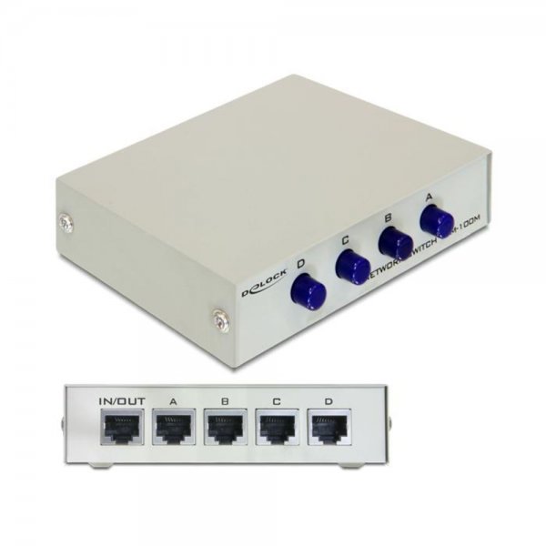 Delock Umschalter RJ45 10/100 Mbps 4 Port manuell Ethernet Switch Anschluss beige Netzwerk
