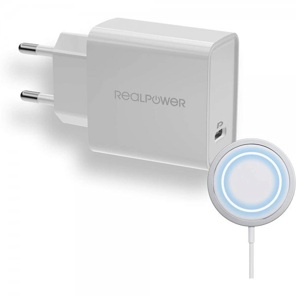 RealPower PC-MagSet Ladeset 20W PD Ladegerät und 15W kabelloses Ladepad 2m magnetisches MagSafe Kabel