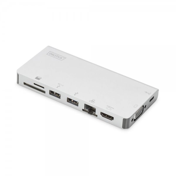 DIGITUS USB Type-C Multiport Travel Dock 8-Port Video USB-C USB3.0 RJ45 Kartenleser Silber