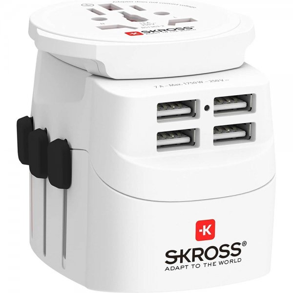 SKROSS Universal-Reisestecker Pro Light USB World 4xA weiß Weltreiseadapter Länderstecker