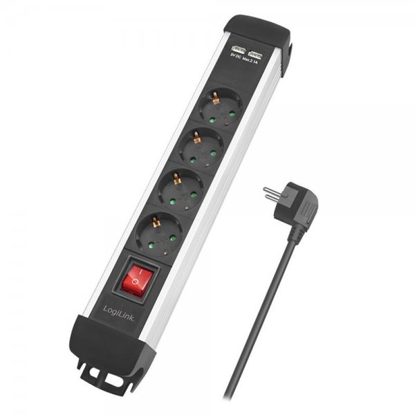 LogiLink Steckdosenleiste 4-fach + Schalter + 2x USB-A 1,5 m Zuleitung Aluminium schwarz/silber