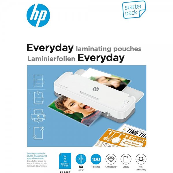 HP Laminierfolien Everyday Starter Set 25 x A4 / A5 / A6 / Visitenkarten 80 Micron