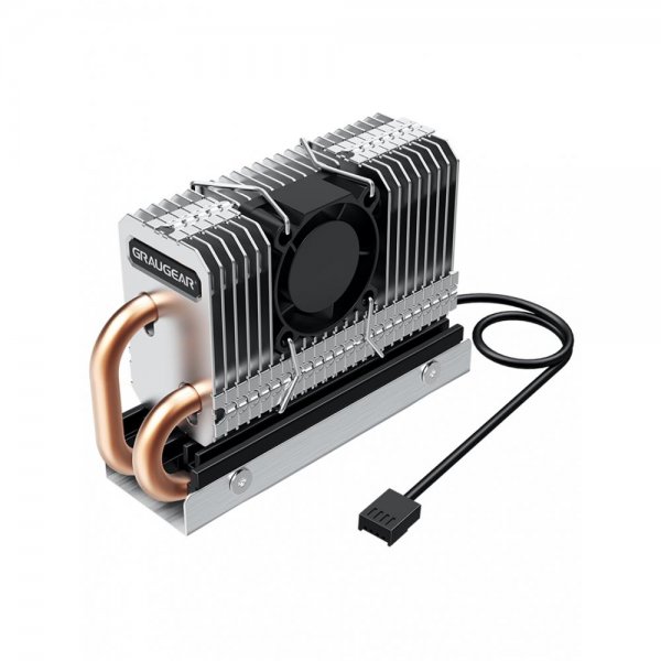 GRAUGEAR Heatpipe Kühler für M.2 NVMe 2280 SSD mit PWM Lüfter regelbar Aluminium Kühlkörper Kupfer Festplattenkühler zweifach Wärmeleitpad geräuscharm