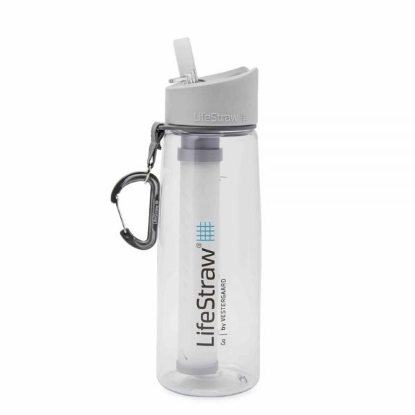 LifeStraw Go 2-stufig Trinkfalsche mit Filter grau Wasserflasche Camping Klappverschluss Karabinerhaken