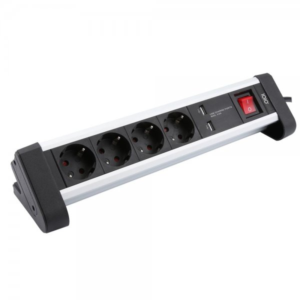 IOIO 4-fach Steckdosenleiste mit Schalter 2x USB schwarz Kindersicherung 1,5m 45 Grad Tischhalterung