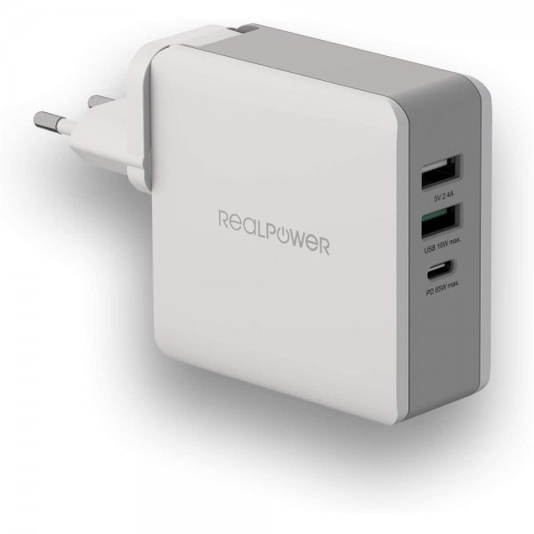 RealPower DeskCharge-65 Travel 3-Port 65W USB Netzteil Ladegerät Ladestation Reiseadapter USB-C PD R