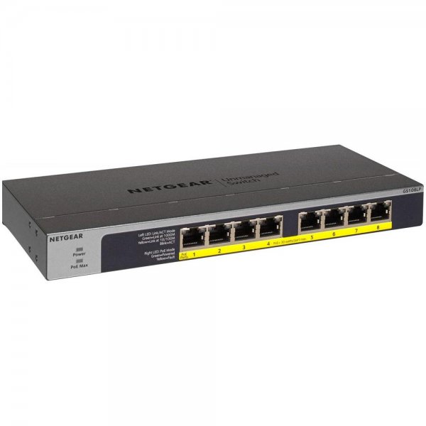 Netgear GS108LP 8-Port Gigabit Ethernet LAN PoE Switch Unmanaged (mit 8x PoE+ 60W erweiterbar, Deskt