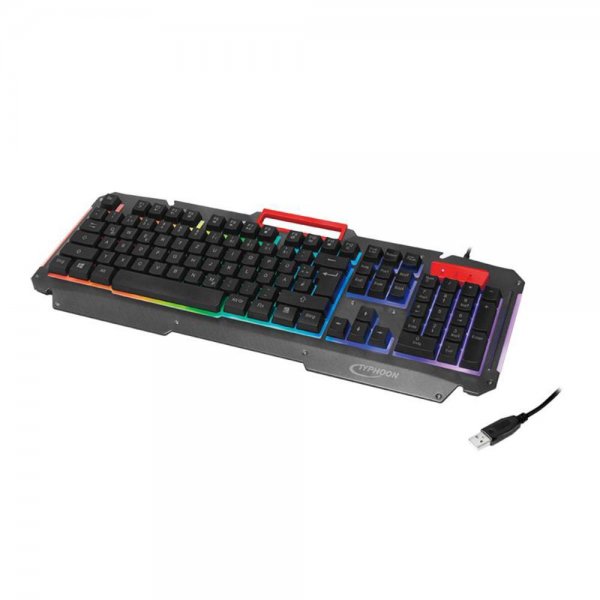 Typhoon Gaming-Tastatur mit RGB Hintergrundbeleuchtung Textilkabel schwarze Metalloberfläche
