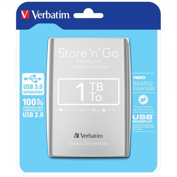 Verbatim 53071 externe Festplatte 2,5" HDD USB 3.0 Store n Go 1TB silber