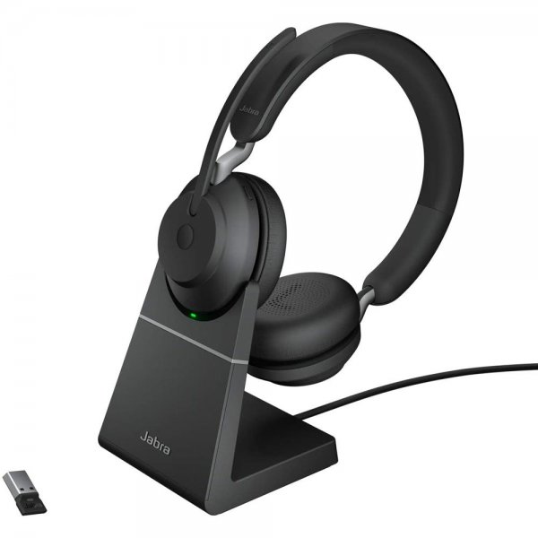 Jabra Evolve2 65 Wireless Headset mit Ladestation – Noise Cancelling Microsoft Teams Zertifizierte Stereo Kopfhörer mit langer Akkulaufzeit – USB-A Bluetooth Adapter – schwarz