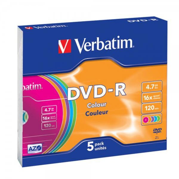 5x Verbatim DVD-R Rohlinge 4,7GB 16x Schreiben Slim Case 5farbig